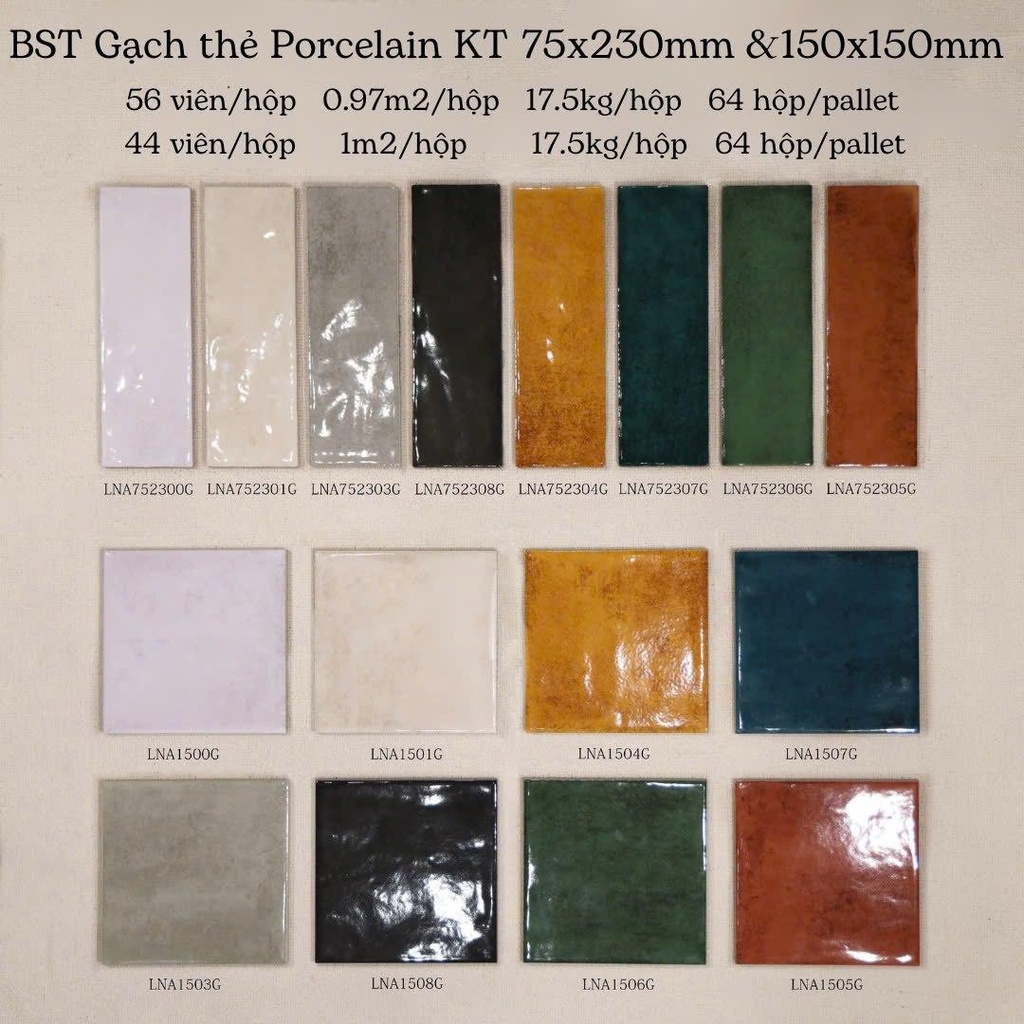 Gạch thẻ Porcelain bóng lượn KT 150x150mm mã 1501G