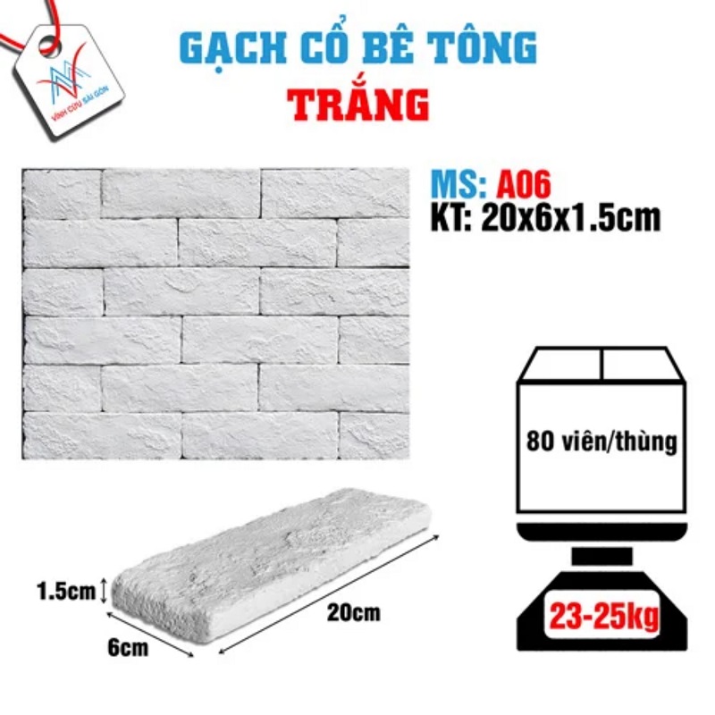 Gạch cổ ốp tường trắng 200x60x15mm A06