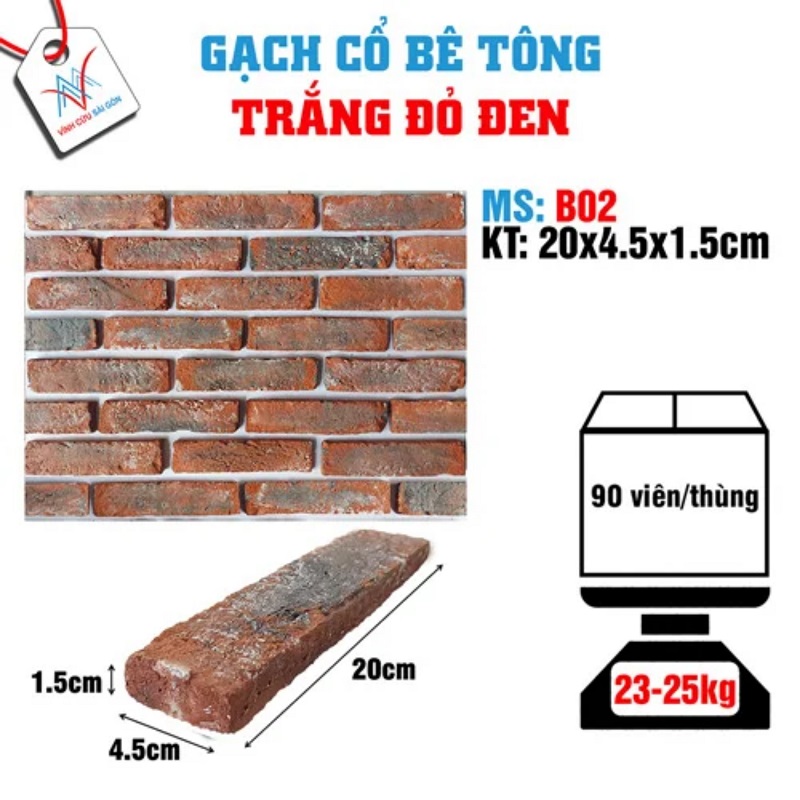 Gạch cổ ốp tường trắng đỏ đen 200x45x15mm B02