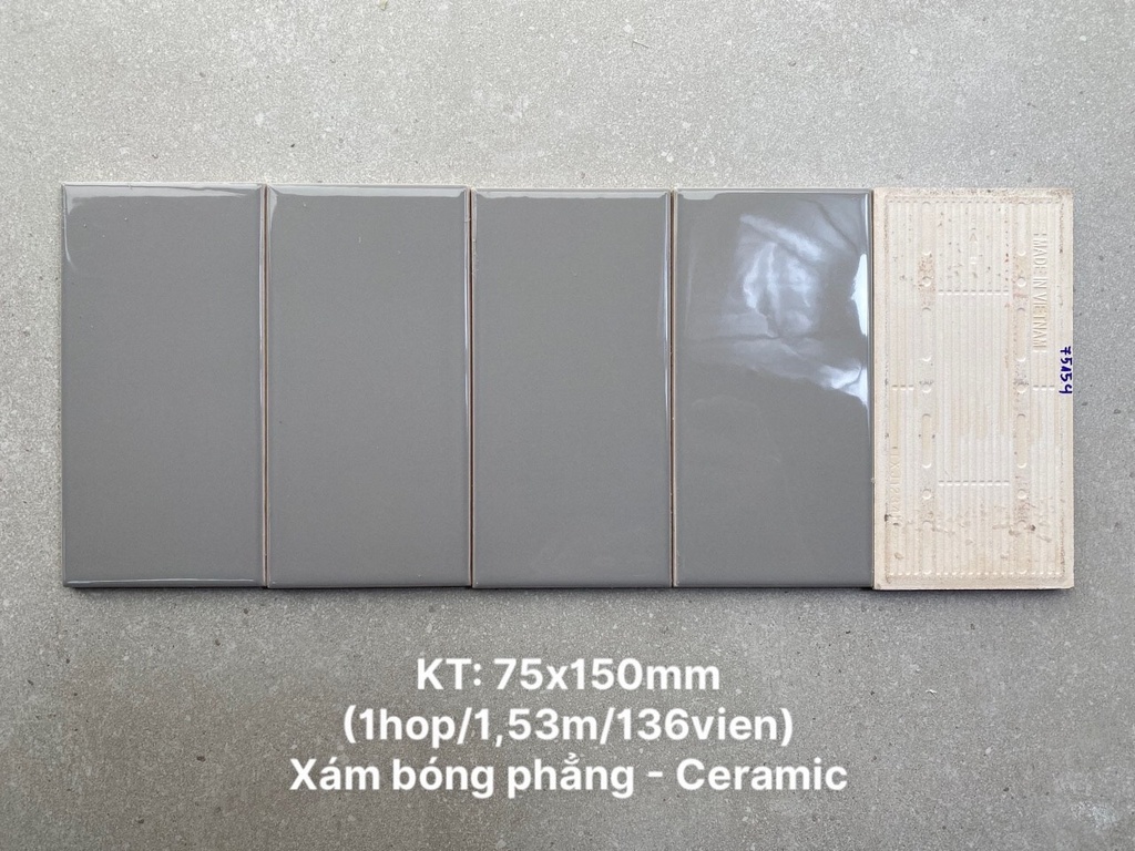 Gạch thẻ hàng ưu xám bóng phẳng KT 75x150mm STA75154