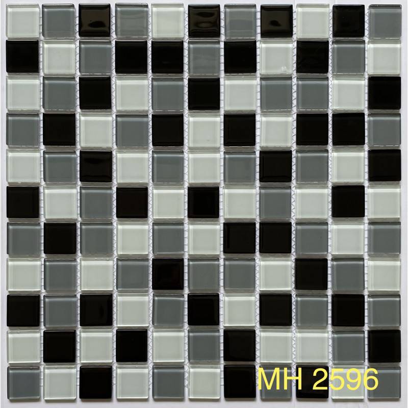 Gạch mosaic thủy tin 25x25mmh trộn màu trắng đen xám MH 2596